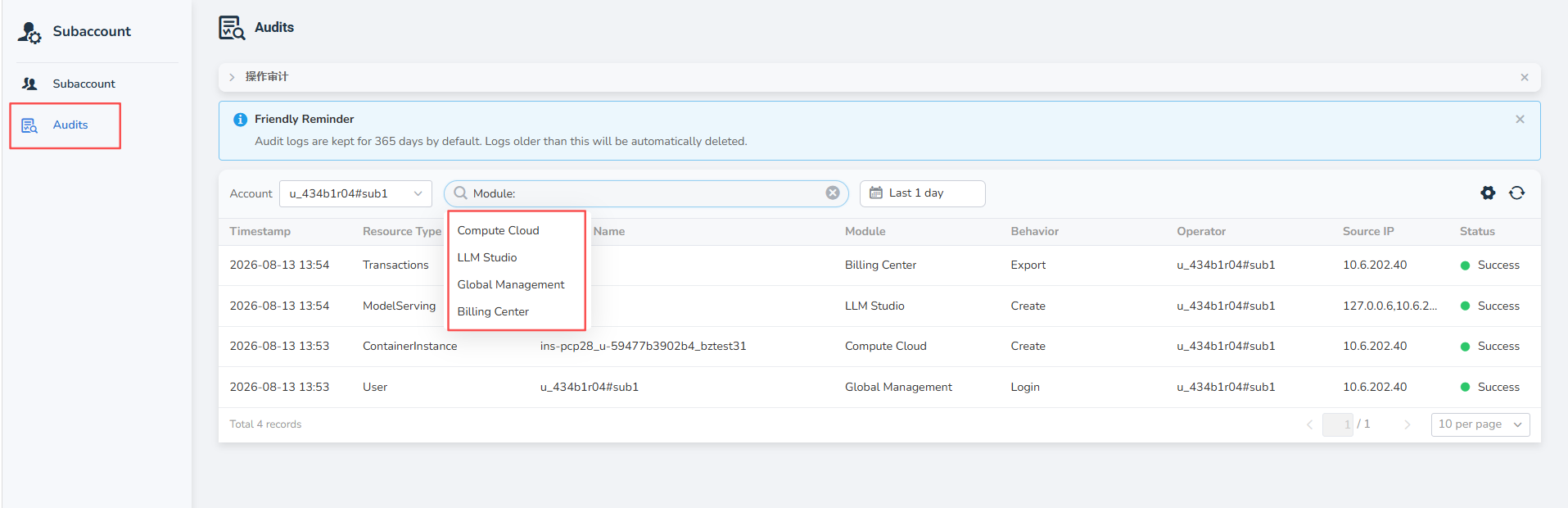 Sub-account operation audits